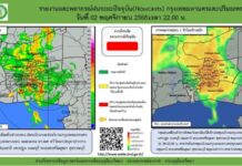 พบกลุ่มฝนเล็กน้อยถึงปานกลาง ฝนหนักบางแห่งบริเวณกรุงเทพมหานคร(ทุกเขตยกเว้นเขตบางบอน หนองแขม บางแค ทวีวัฒนา) สมุทรปราการ ฉะเชิงเทรา ปทุมธานี นครปฐม นนทบุรี พระนครศรีอยุธยา สุพรรณบุรี